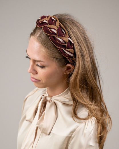 Amelia Plait Hairband-Burgundy/Tan