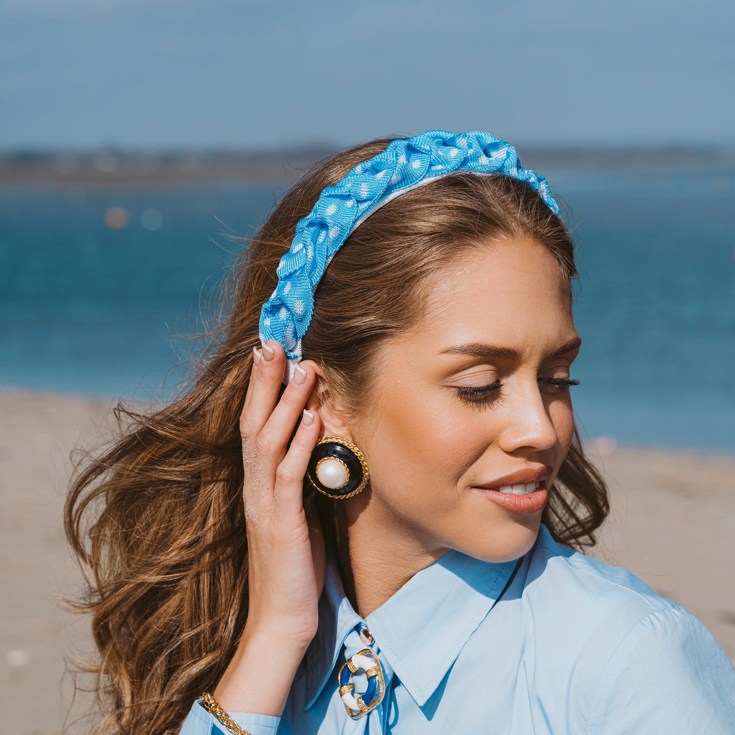 OUTLET: Polka Plait Hairband Sea Blue/White