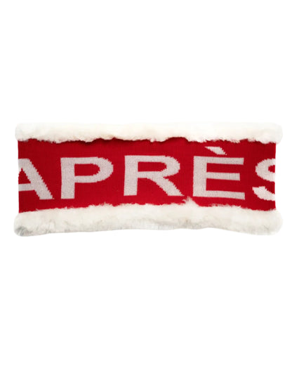 A red and white headband with the text 'APRÈS' knitted on the front, designed with a ski-inspired logo.