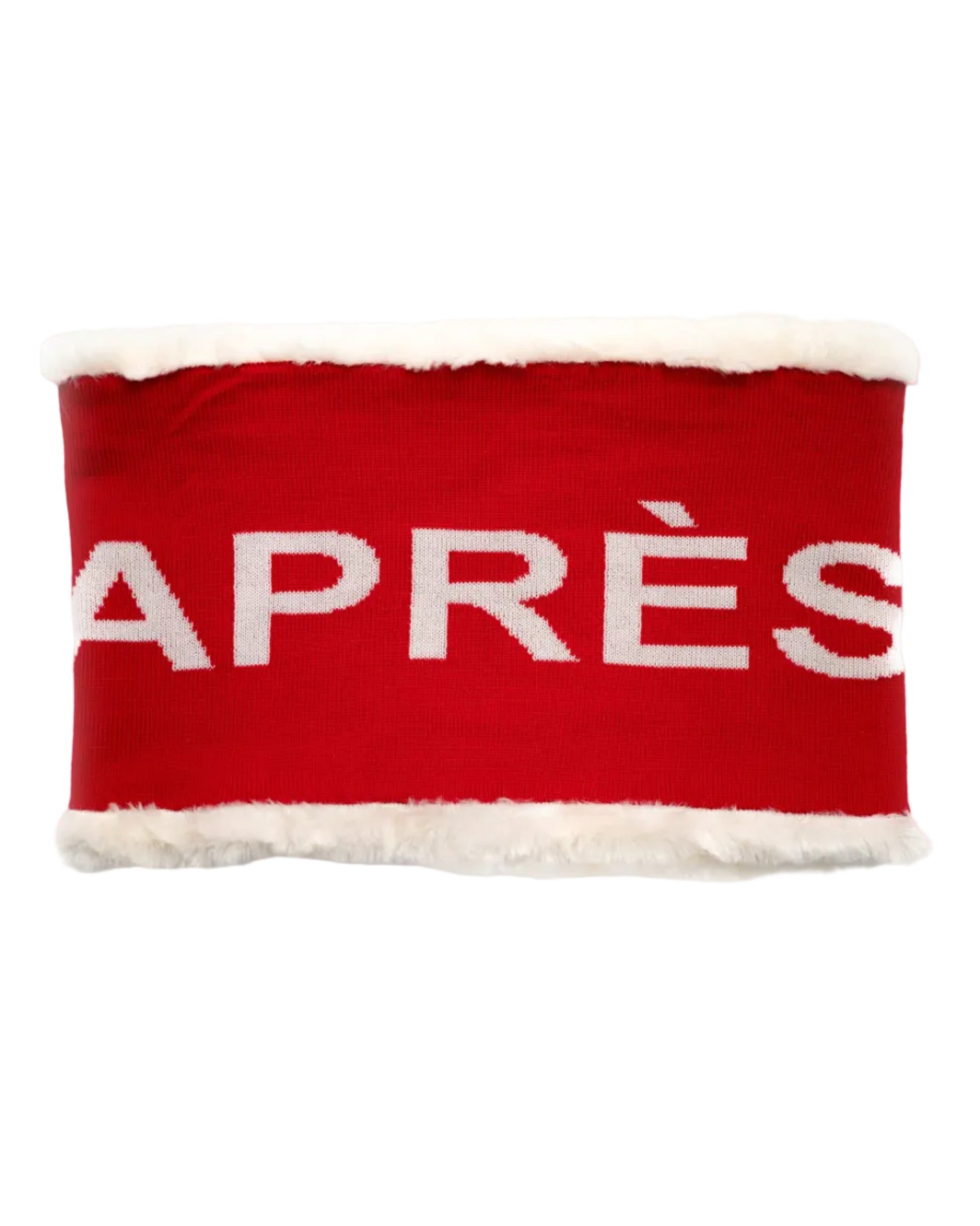 A red snood headband with 'APRÈS' written in white letters on the front, designed for warmth and style after skiing.